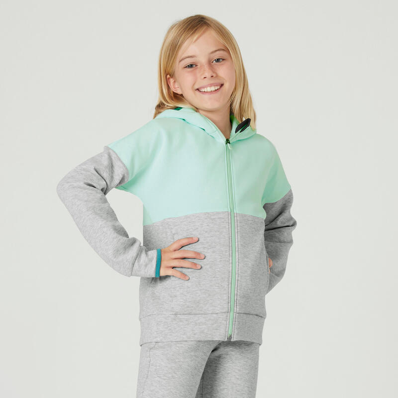 Sweat zippé à capuche enfant coton respirant - 900 vert et gris chiné clair