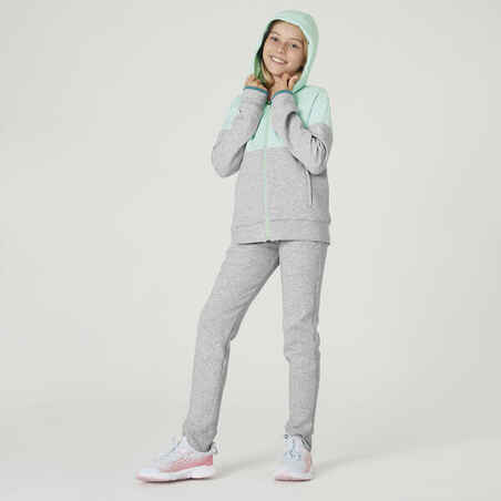 Kids' Breathable Zip-Up Cotton Hoodie 900 - Green/Light Grey Marl