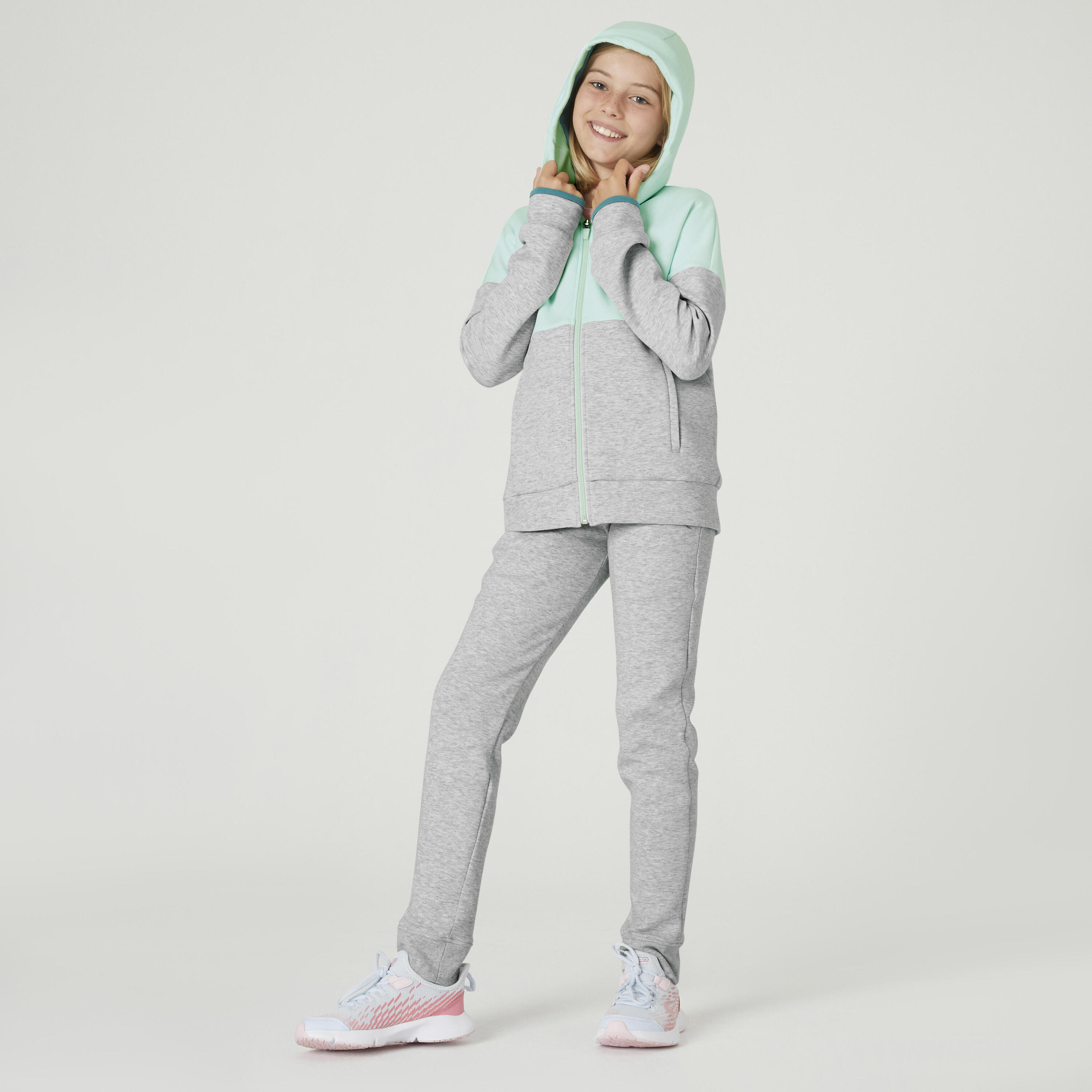 Kids' Breathable Zip-Up Cotton Hoodie 900 - Green/Light Grey Marl 4/5