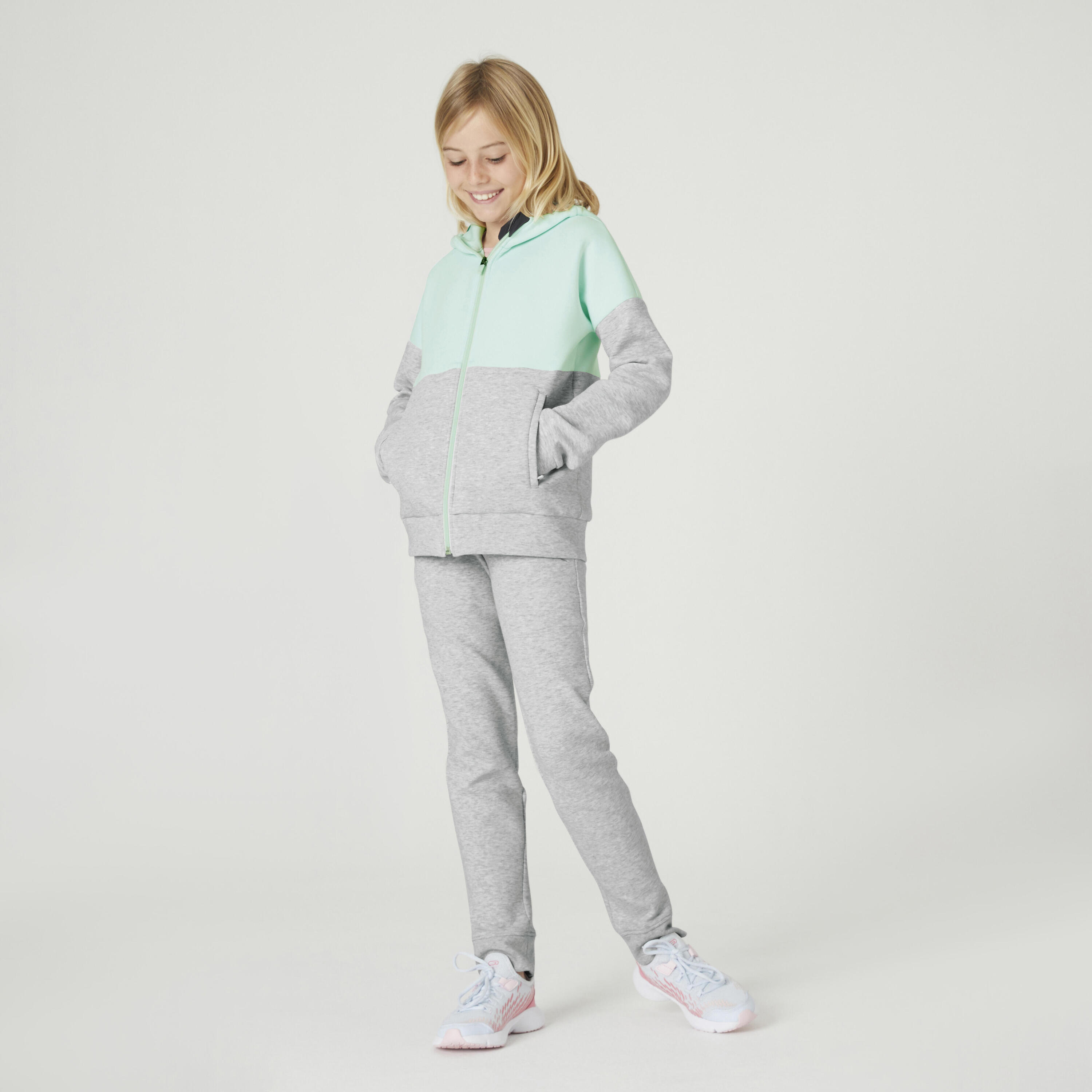 Kids' Breathable Zip-Up Cotton Hoodie 900 - Green/Light Grey Marl 5/5