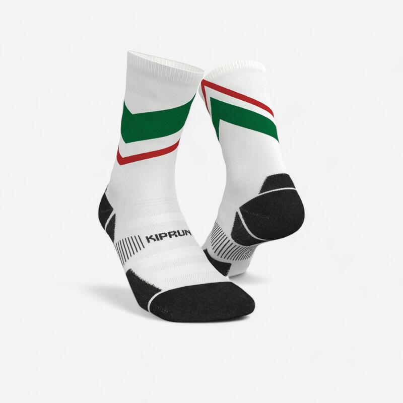 CHAUSSETTES DE RUNNING RUN900 EPAISSES MI-MOLLET BLANCHES VERTES ROUGES