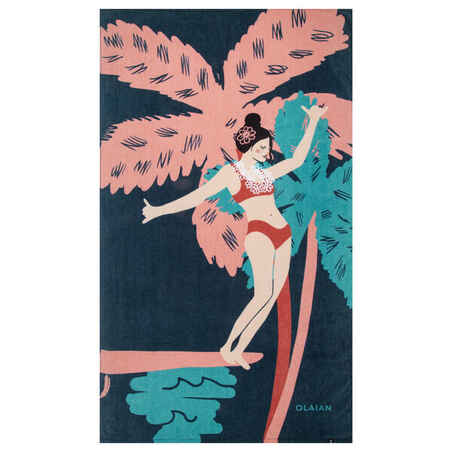 Toalla en algodón talla L 145 x 85 cm Olaian print surf azul - rosa