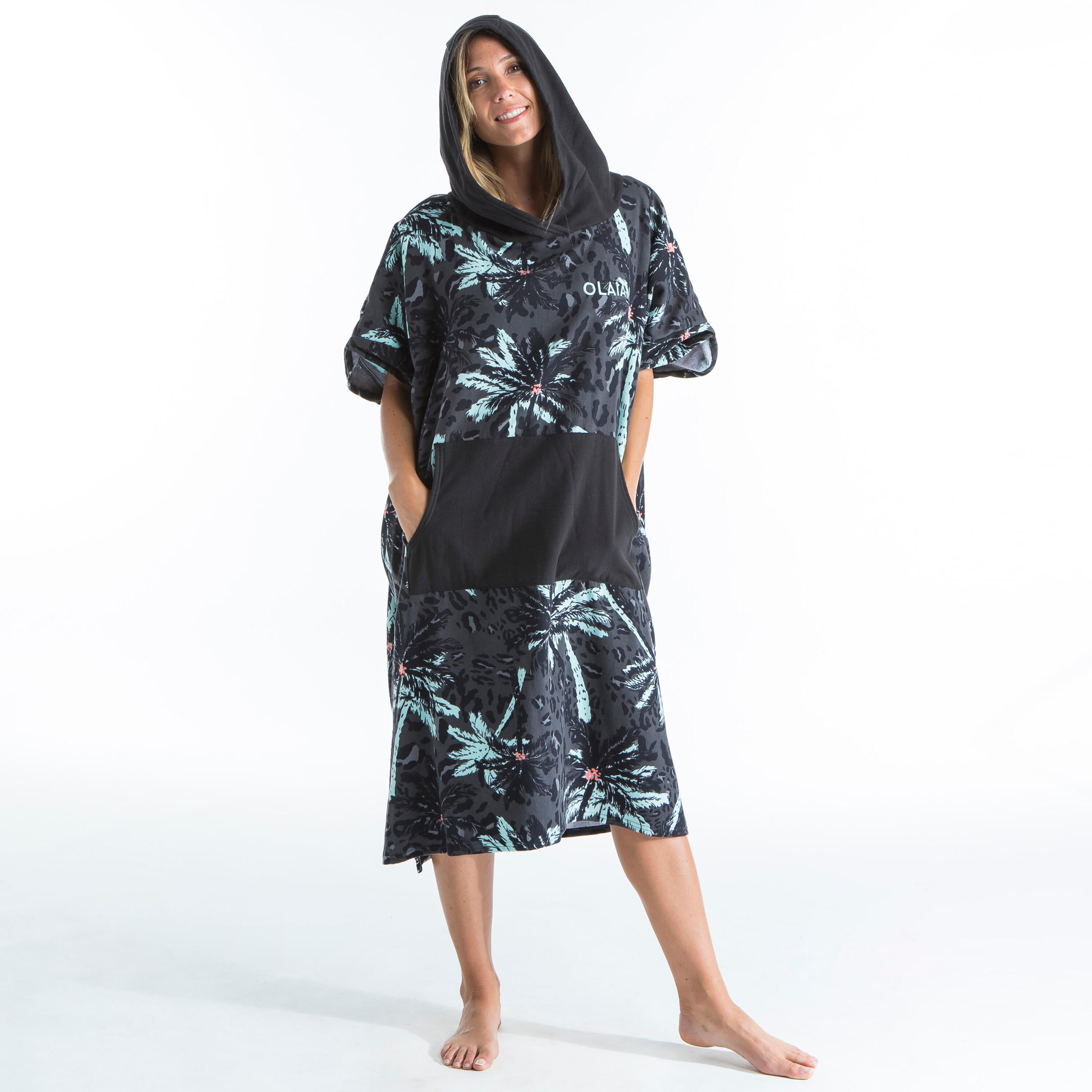 ADULT SURF PONCHO 500 Print - Palm 9/20