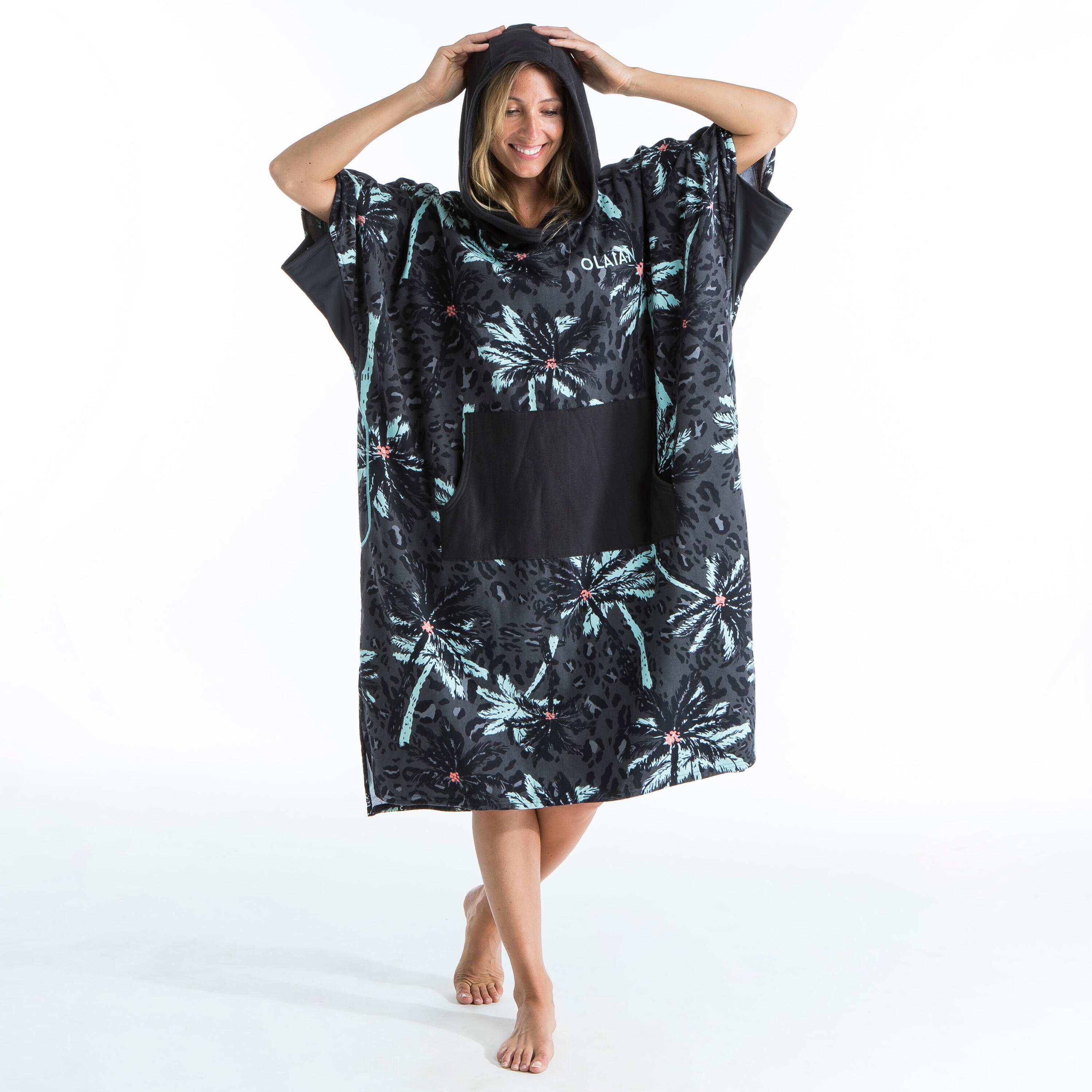 ADULT SURF PONCHO 500 Print - Palm 6/20