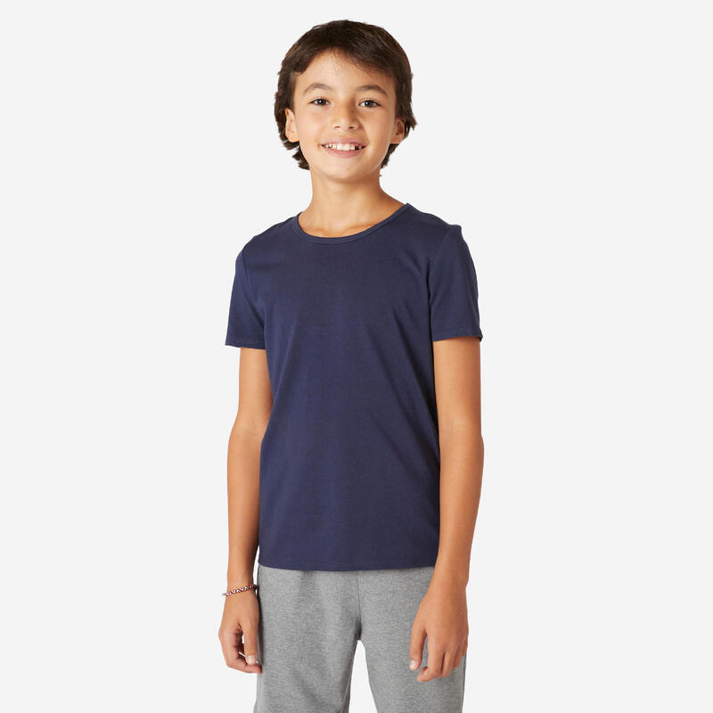 calorie Pionier kleding DOMYOS T-shirt voor jongens 100 gerecycleerd gemêleerd grijs met tekst |  Decathlon