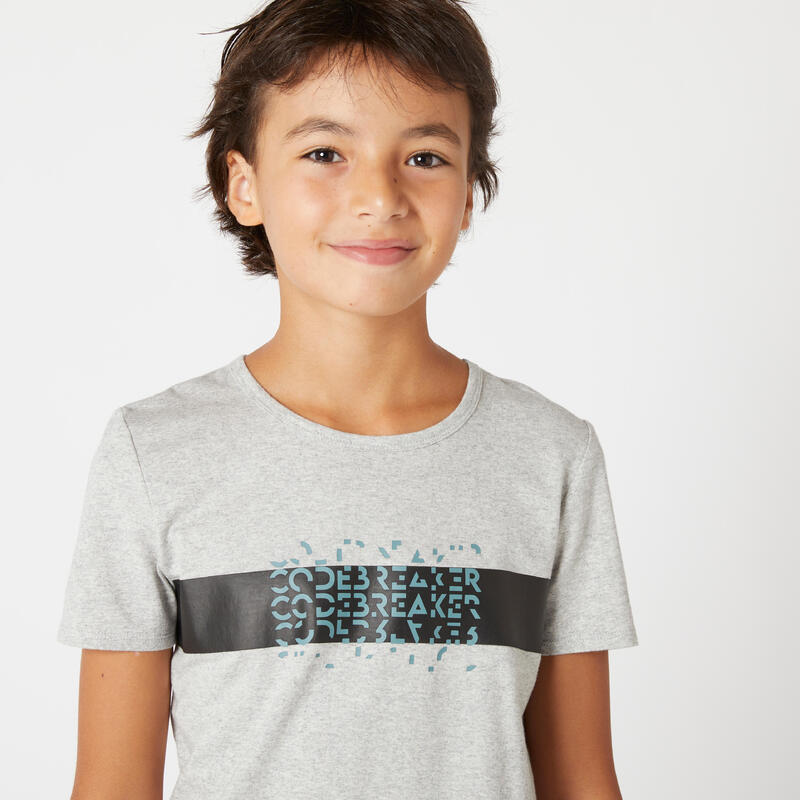 T-shirt Básica de Ginástica Algodão para Criança Cinza Mesclado com Estampado