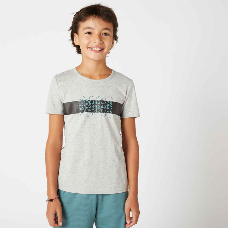 T-Shirt Basic Baumwolle Kinder grau meliert mit Print