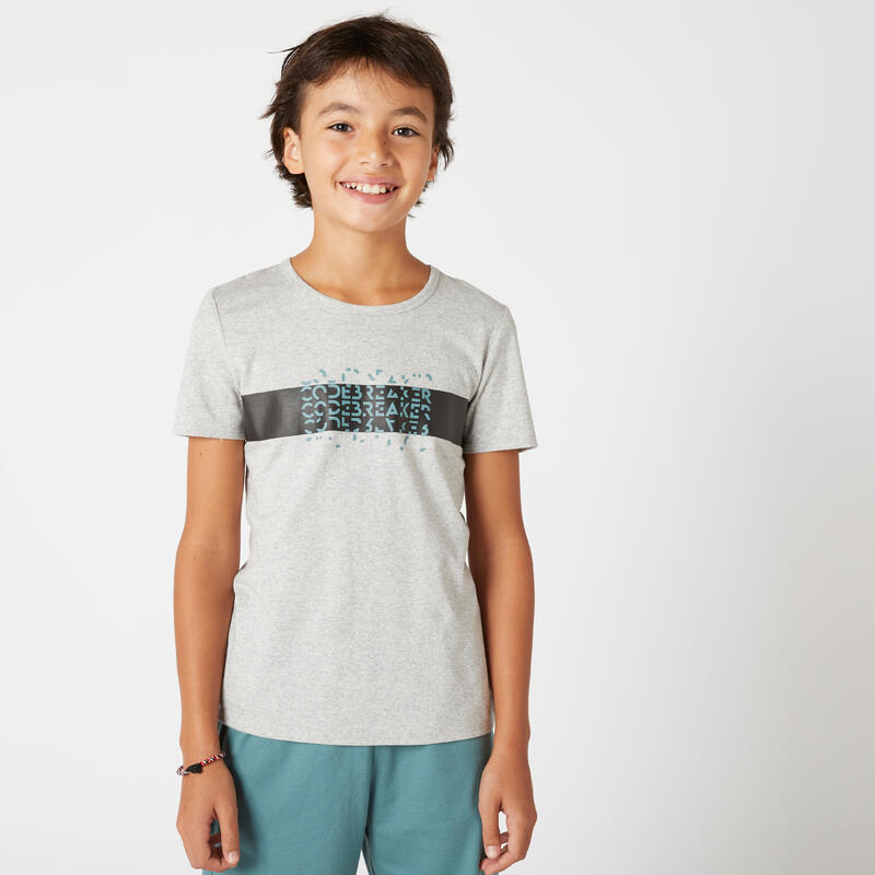 T-shirt Básica de Ginástica Algodão para Criança Cinza Mesclado com Estampado