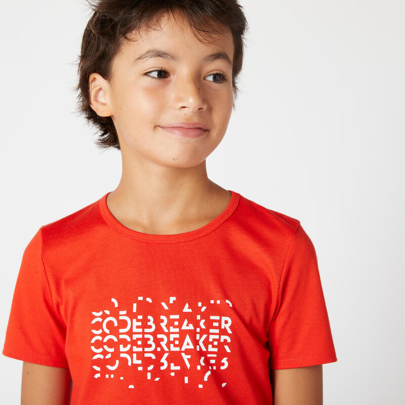 T-shirt Básica de Ginástica Algodão para Criança Vermelho com Estampado