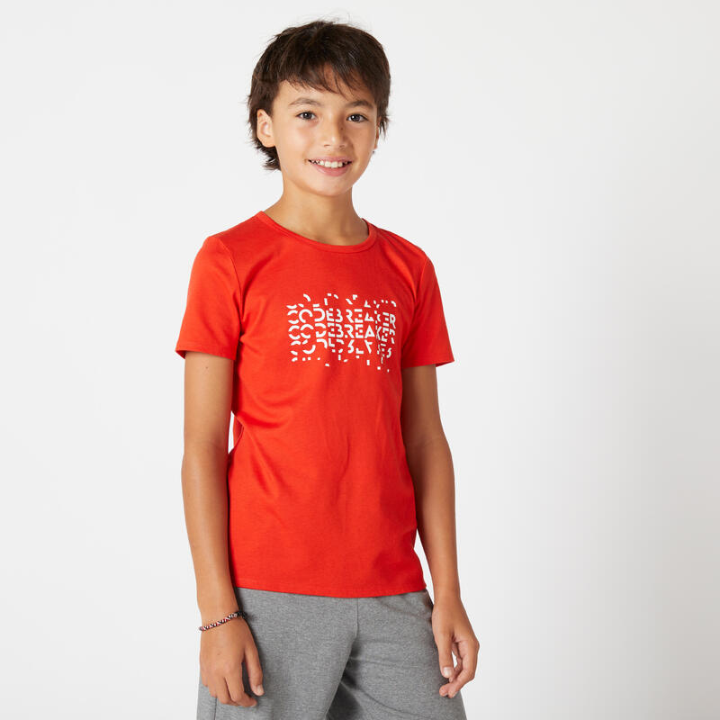 T-shirt Básica de Ginástica Algodão para Criança Vermelho com Estampado