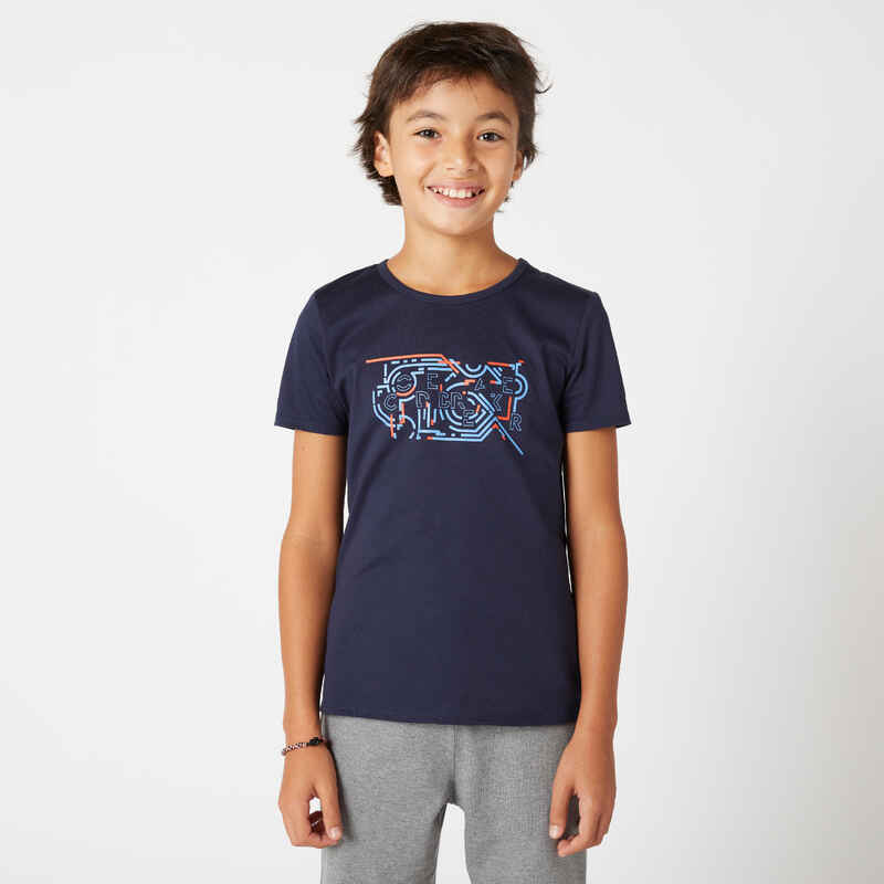 Camiseta gimnasia manga corta básica algodón Niños Domyos azul