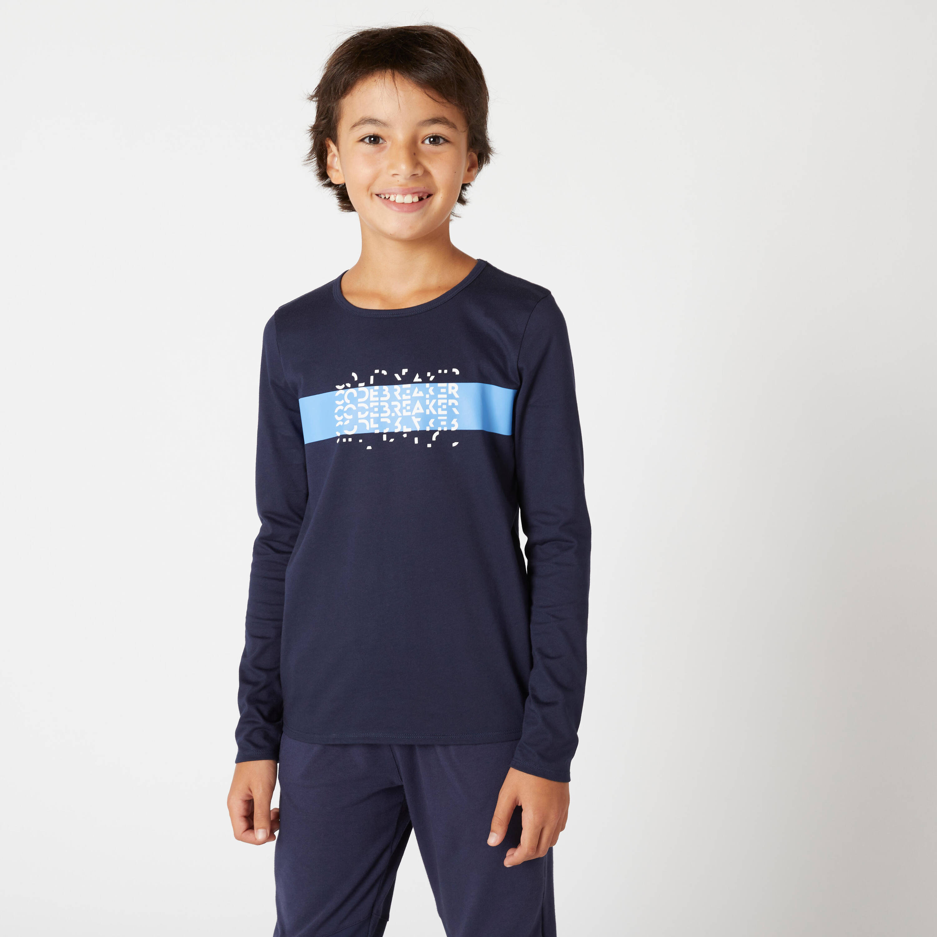 Boys Long-Sleeved Cotton T-Shirt Basic - Navy Blue Print -  1