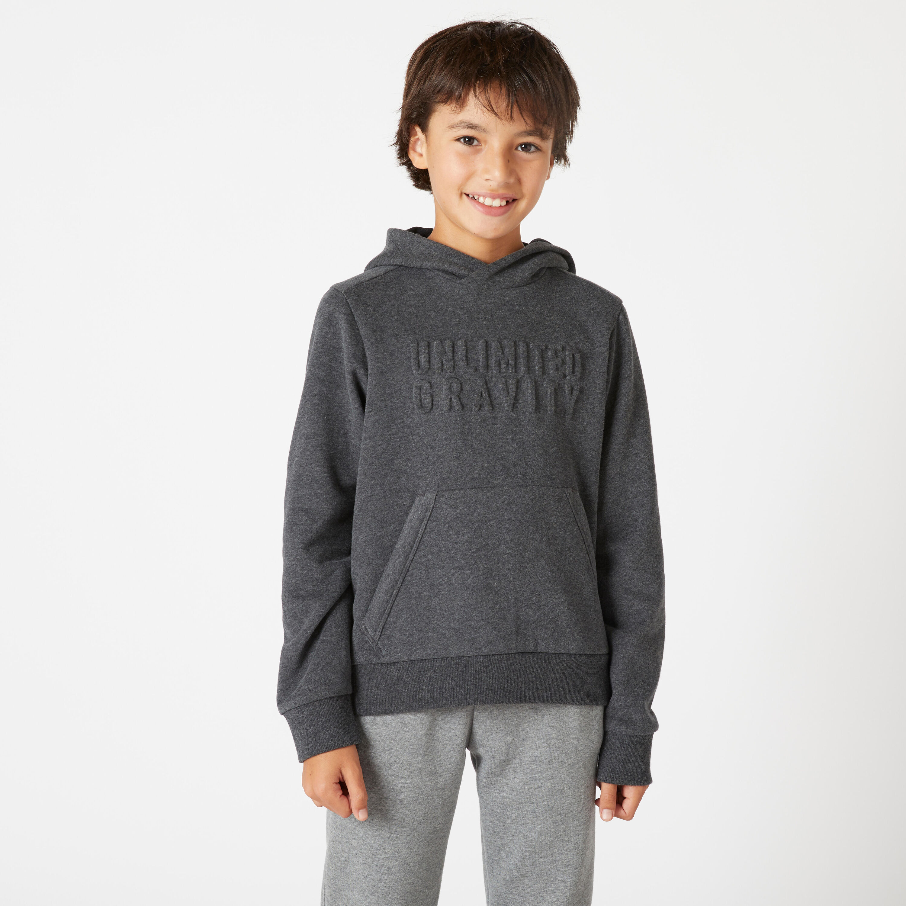 DOMYOS Kids' Cotton Hooded Sweatshirt - Dark Grey Print