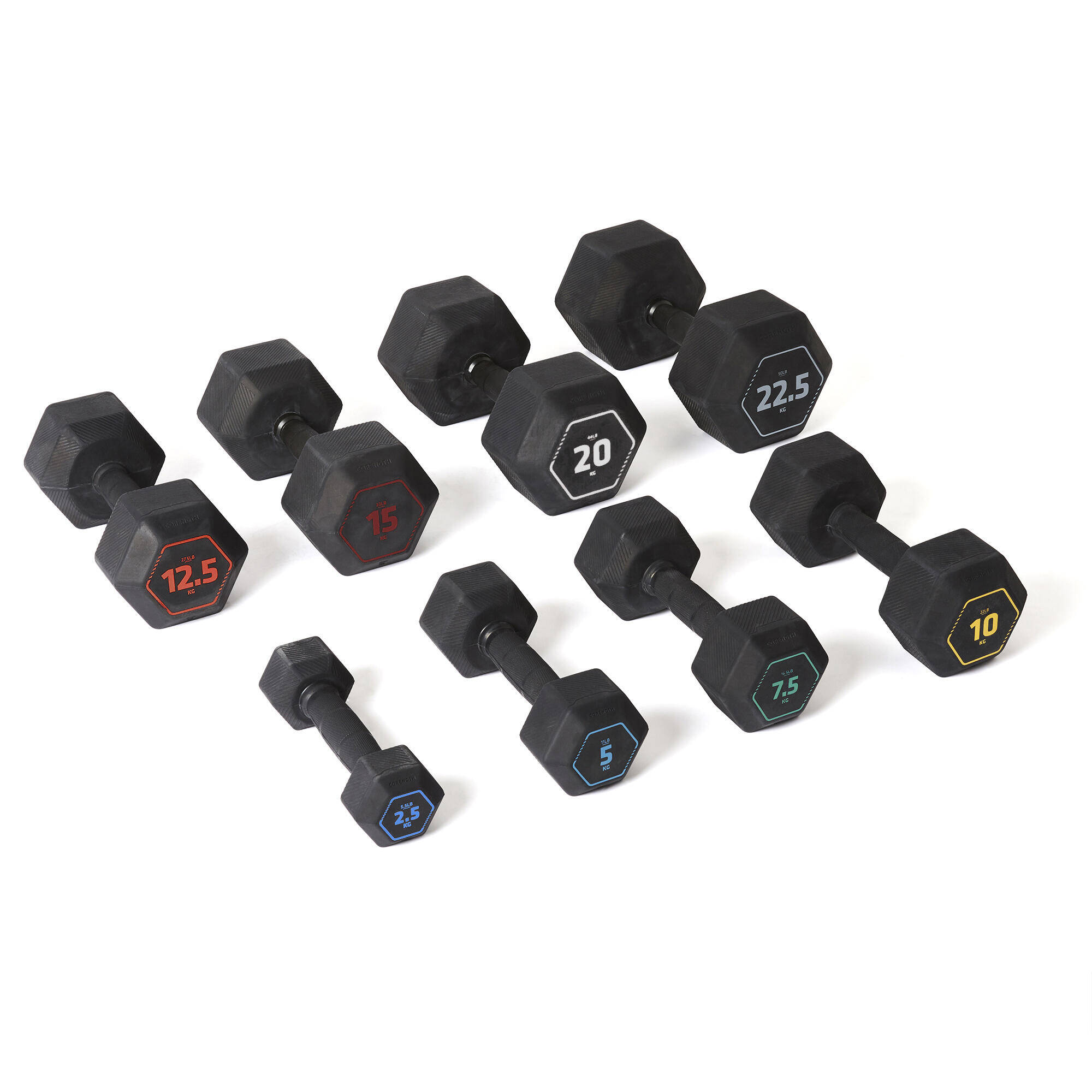 Hex Dumbbell 12.5kg, Rubber and Recycled Cast Iron with Ergonomic Grip - Black -  5