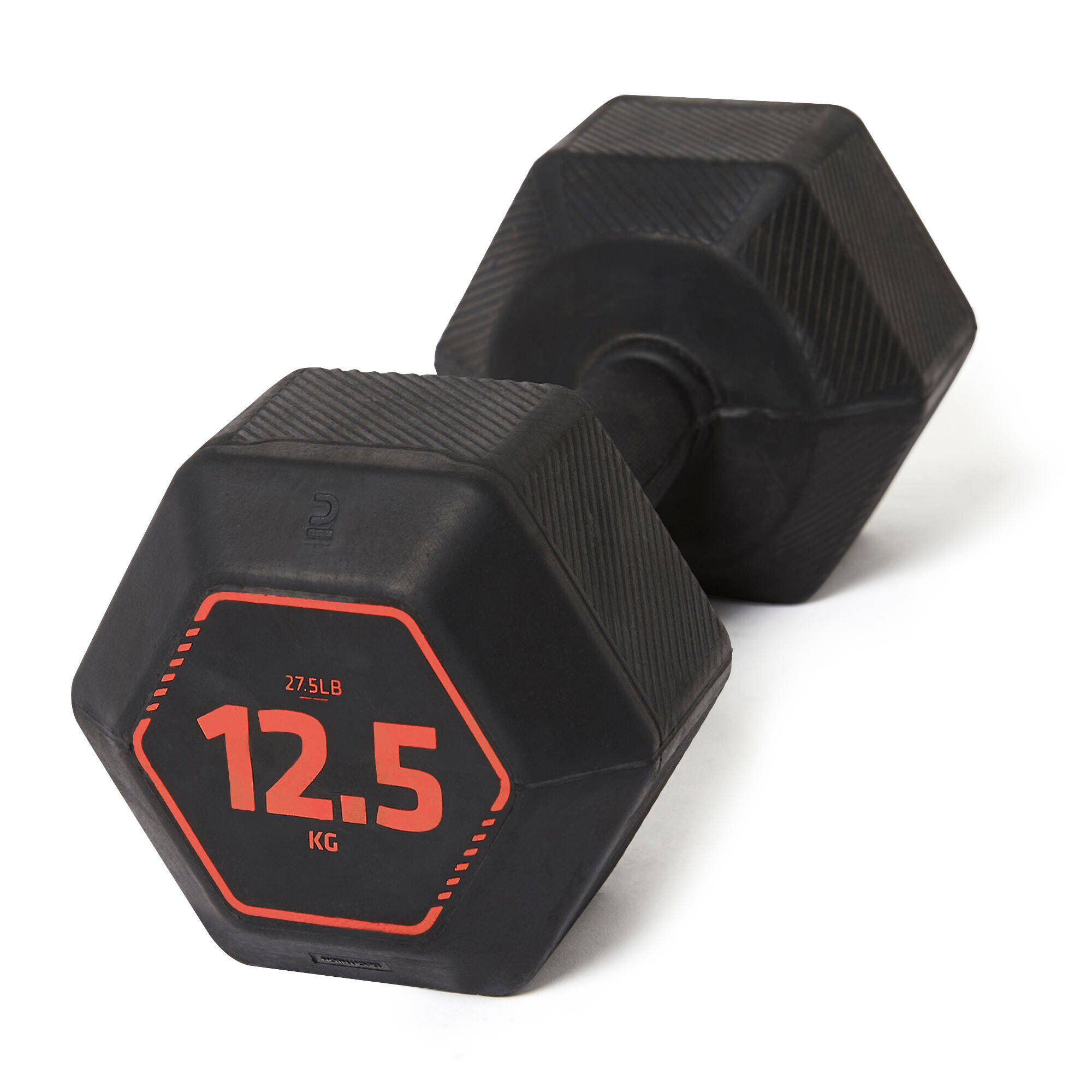 Hex Dumbbell 12.5kg, Rubber and Recycled Cast Iron with Ergonomic Grip - Black -  3