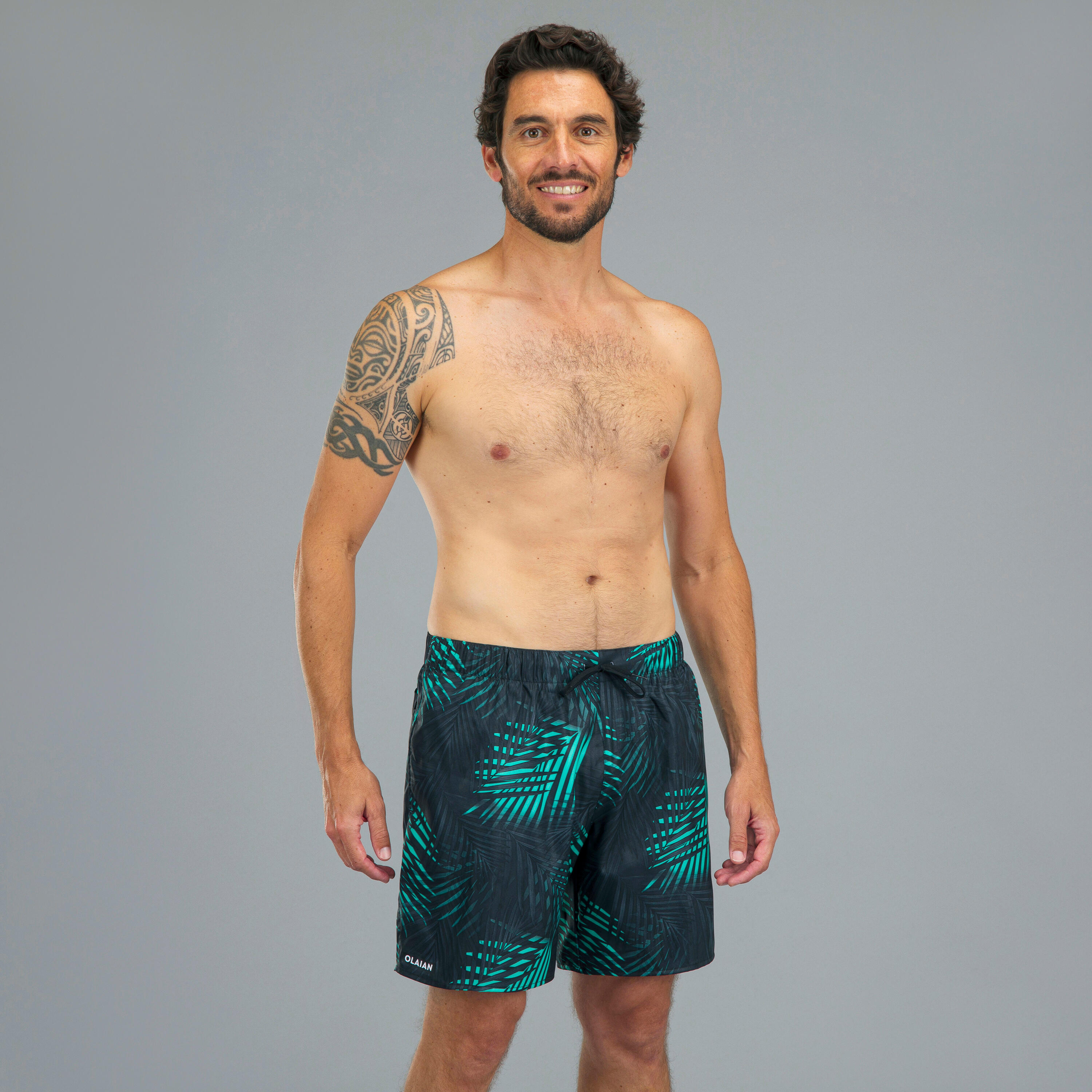 Men's Swim Shorts 15" - 100 Palm black turquoise 3/8