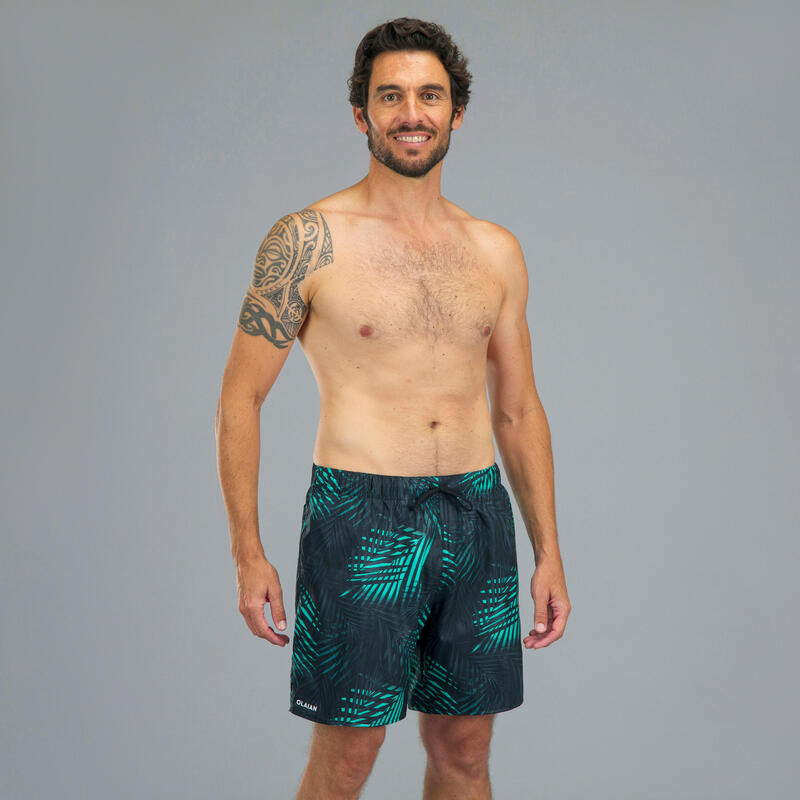 Zwemshort voor surfen heren 15" 100 zwart turquoise met palmprint