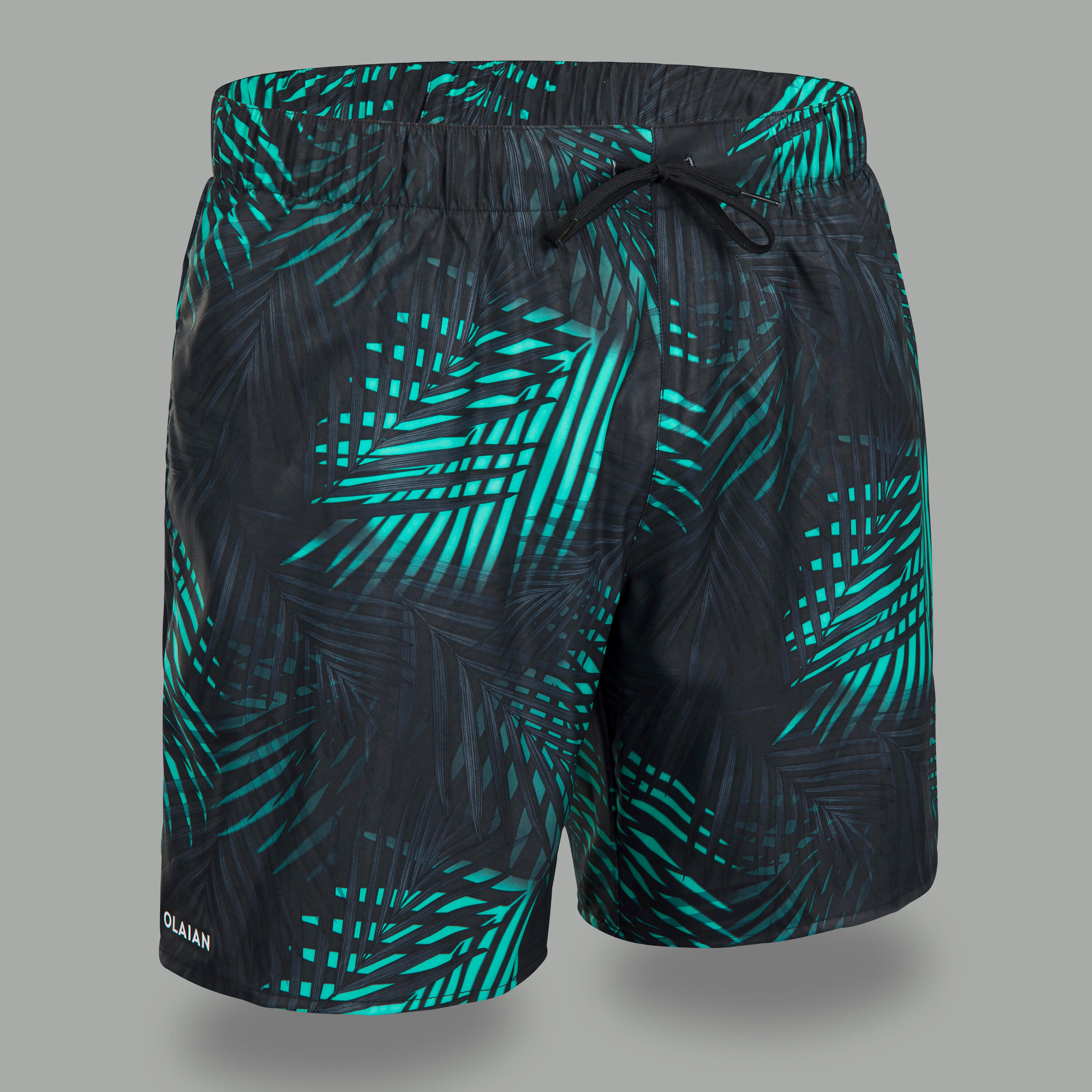 Boardshorts Surf 15" 100 Herr Palm Svart Turkos