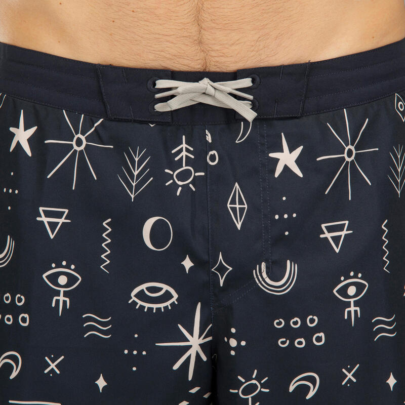 Erkek Uzun Deniz Şortu/Boardshort - Siyah - Sembol Desenli - 100