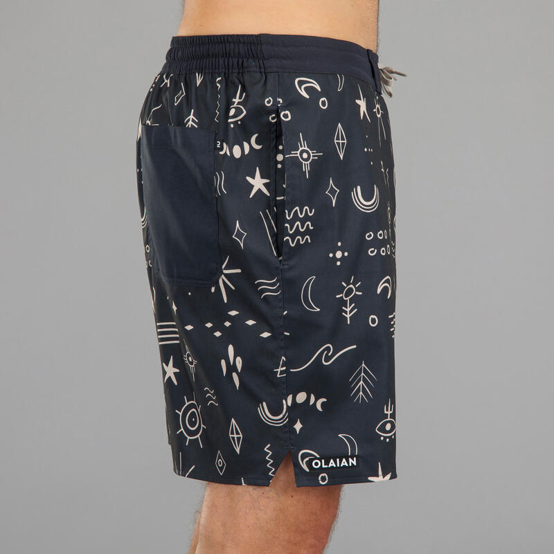 Erkek Uzun Deniz Şortu/Boardshort - Siyah - Sembol Desenli - 100