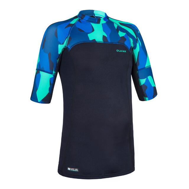 DECATHLON Polera UV niños manga corta surf negro azul camuflaje