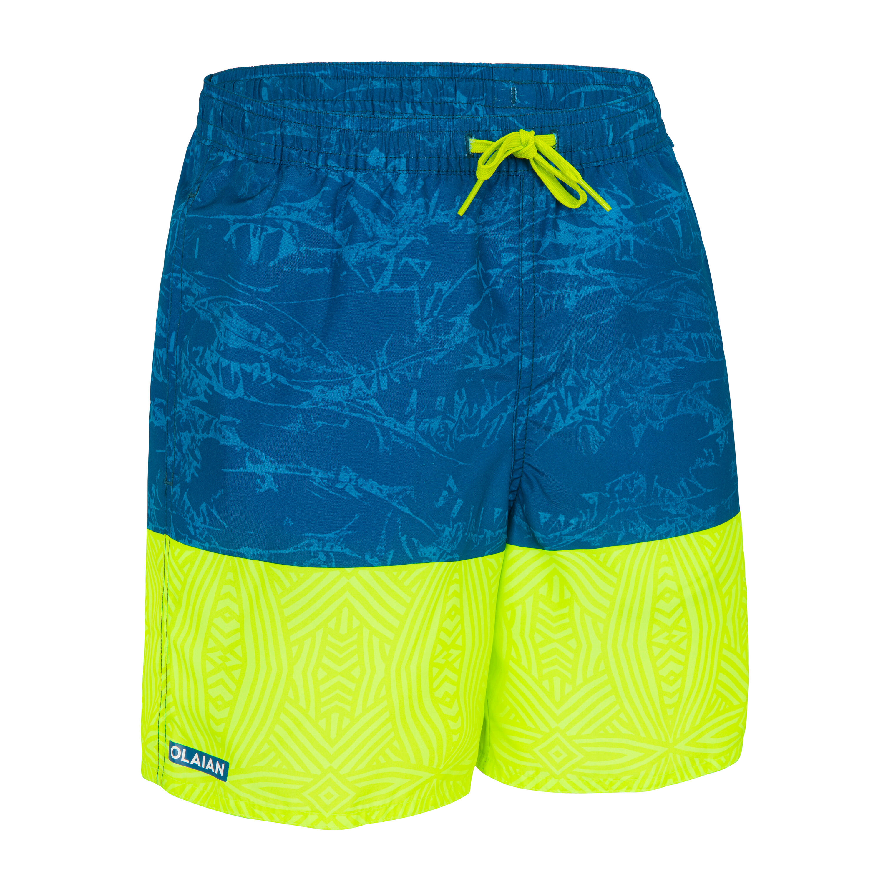 Boys’ surfing swim shorts with pockets - 100 Stories blue yellow