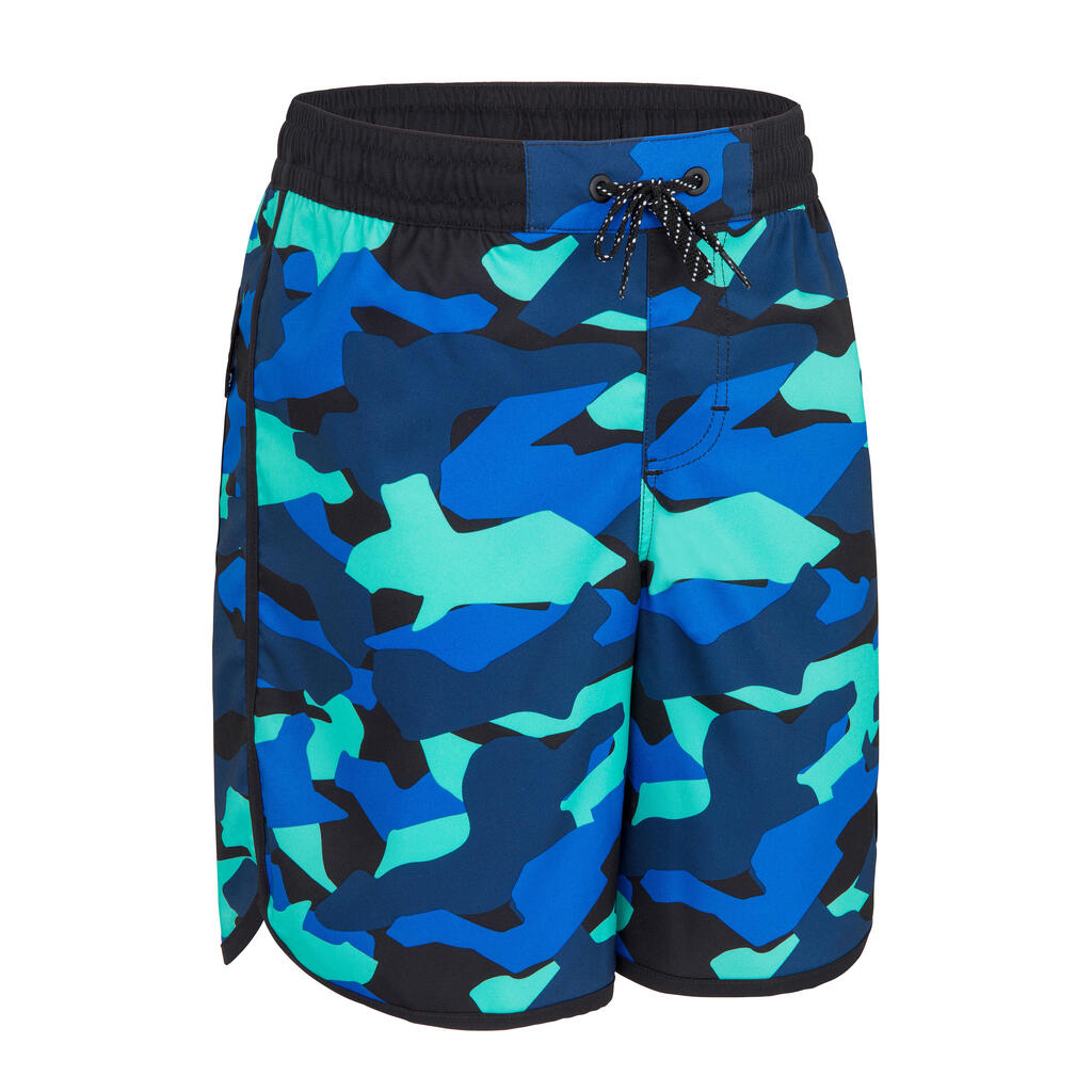 Boy's swim shorts - 500 brush lines blue