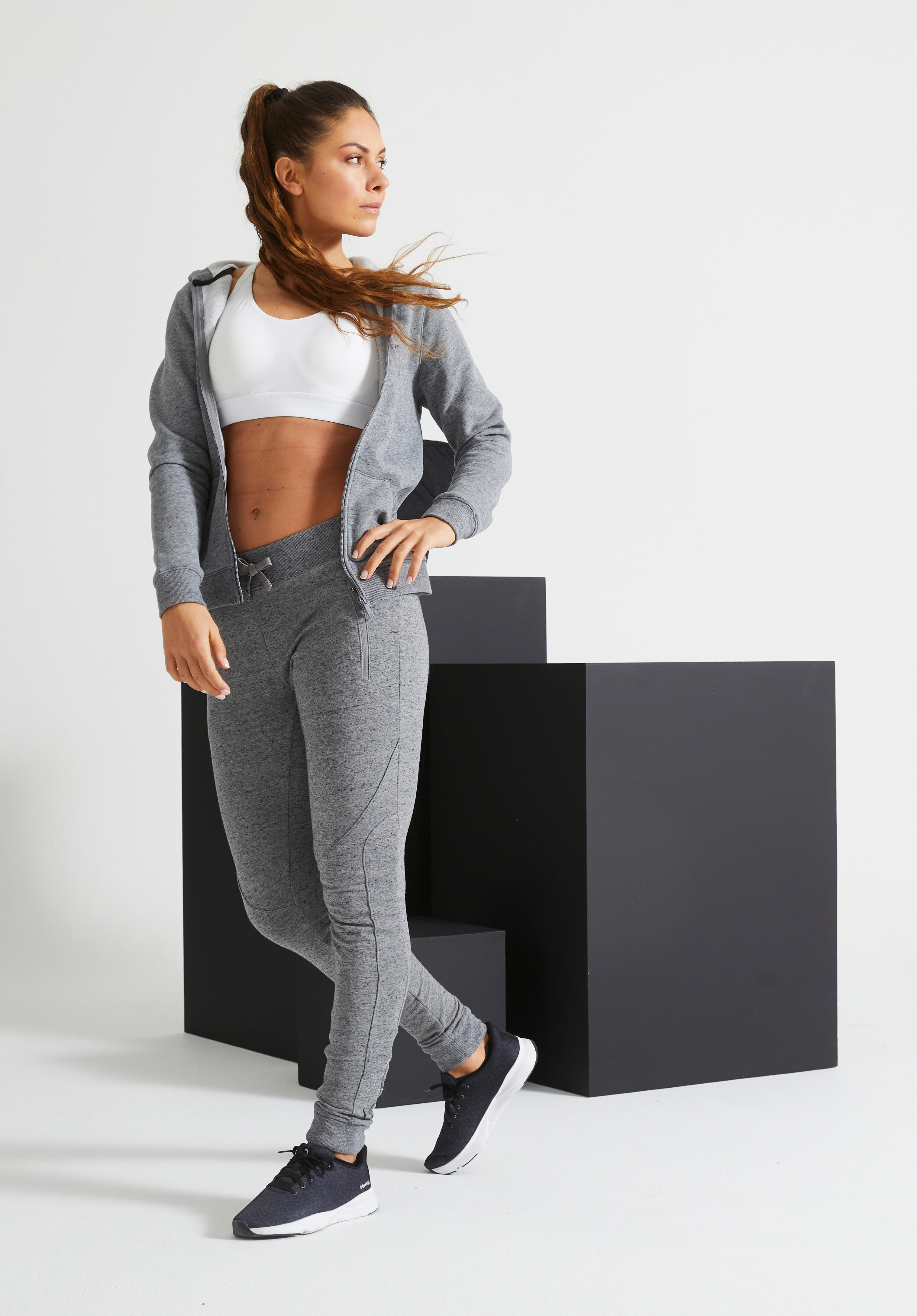 Pantaloni donna fitness 510 slim misto cotone felpati tasche con zip grigi DOMYOS Decathlon