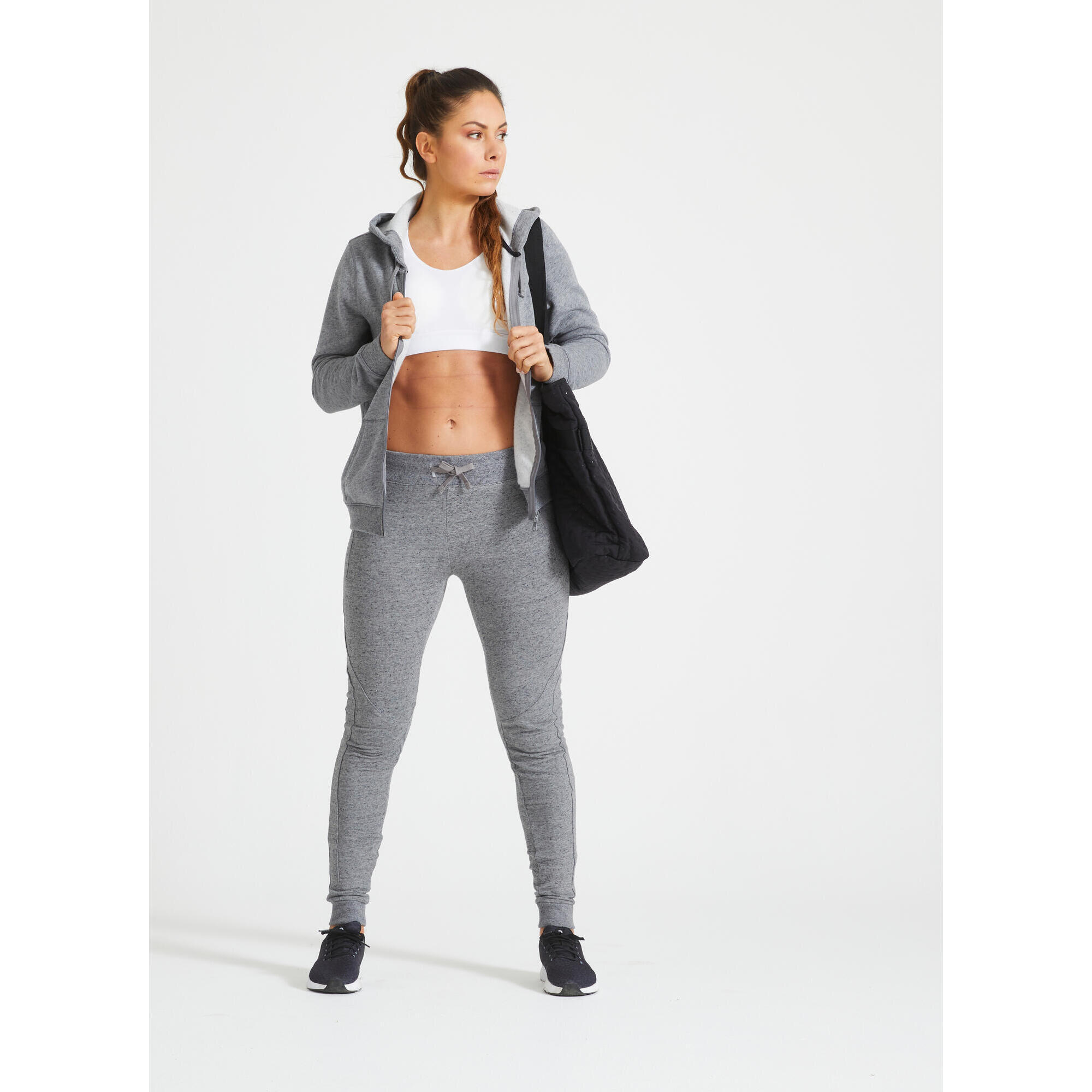 Decathlon | Pantaloni donna fitness 510 slim misto cotone felpati tasche con zip grigi |  Domyos