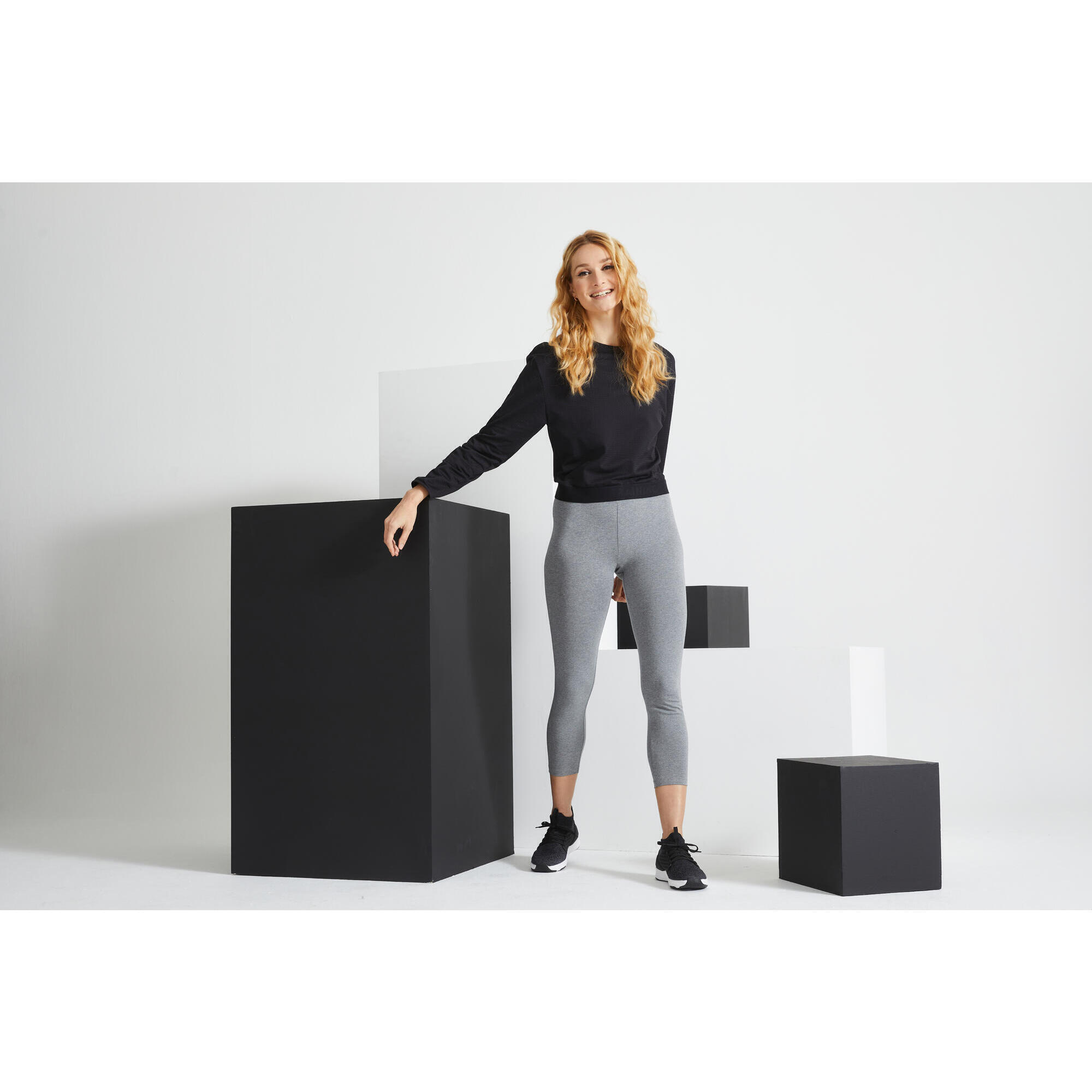 Leggings 7/8 donna fitness FIT+ 500 cotone leggero grigi melange 3/7