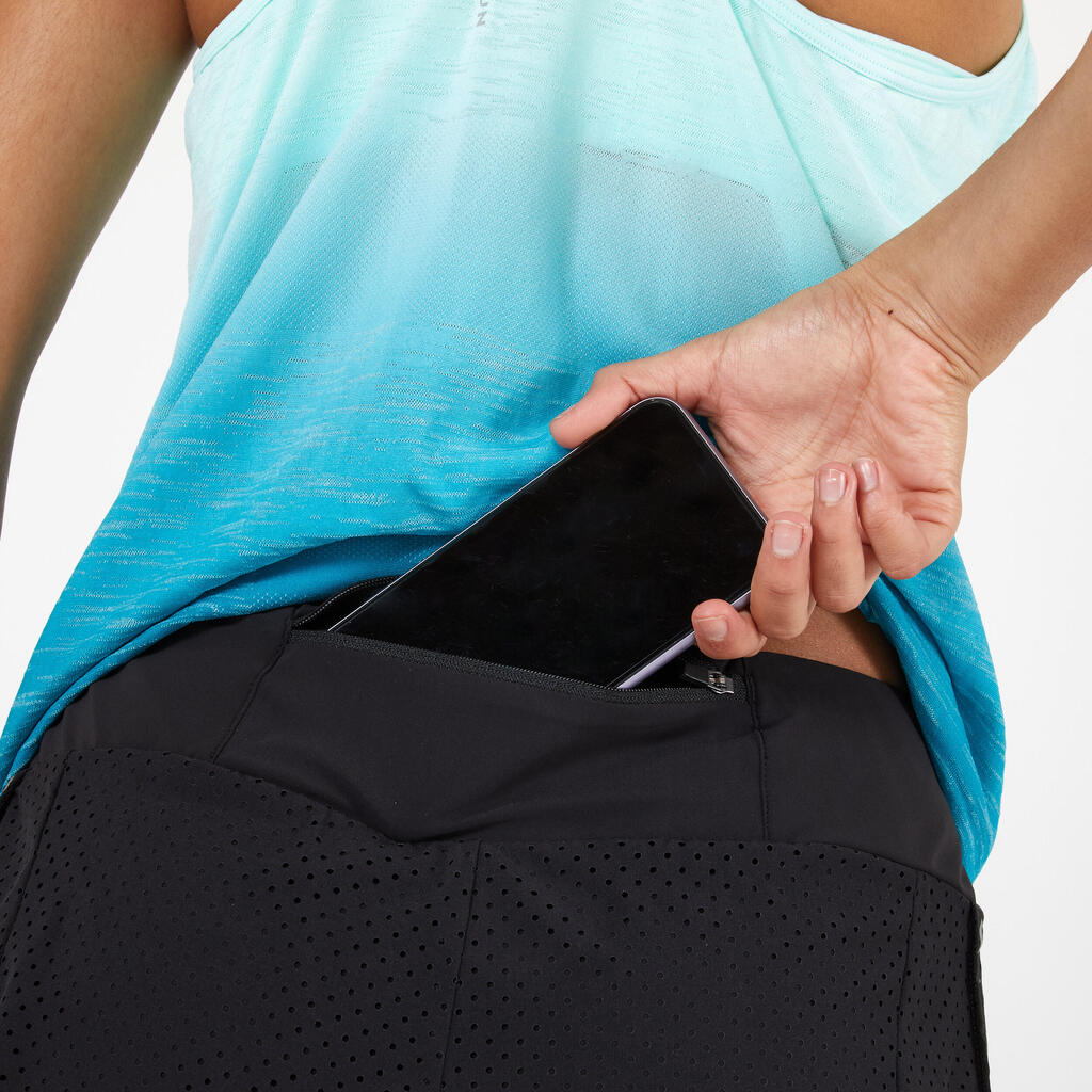 Short de running 2 en 1 transpirable negro para mujer Kiprun Run 500 Confort