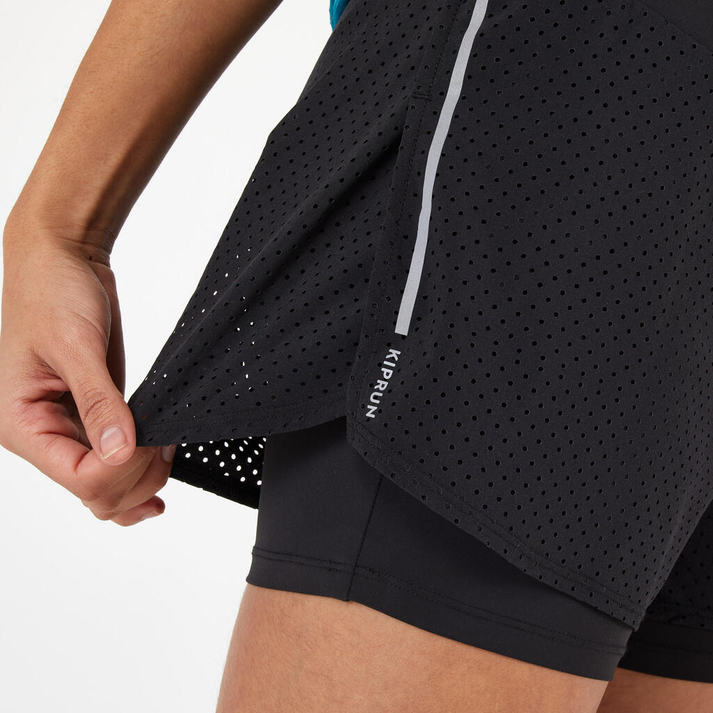 Short de running 2 en 1 transpirable negro para mujer Kiprun Run 500 Confort