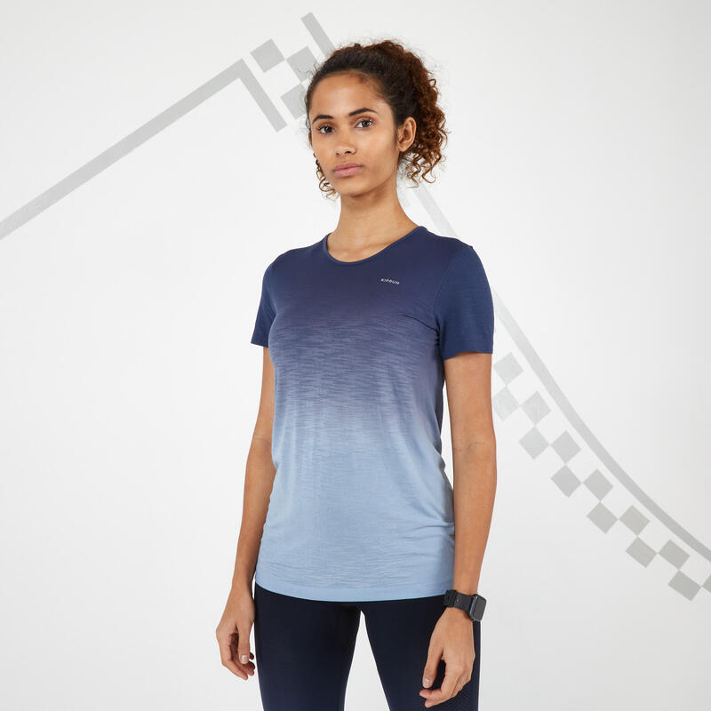 T-shirt running donna KIPRUN CARE azzurro-grigio