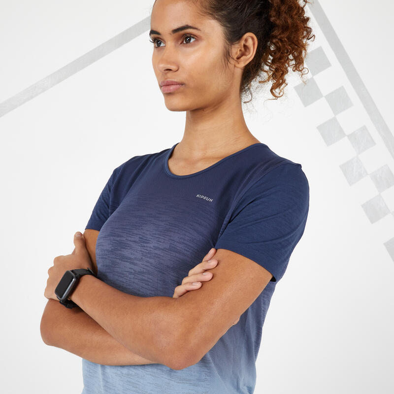 T-shirt running donna KIPRUN CARE azzurro-grigio