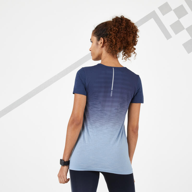 T-shirt running donna KIPRUN CARE azzurro-grigio