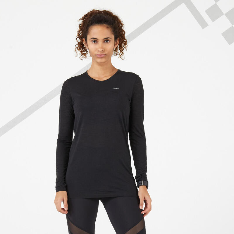 TEE SHIRT RUNNING MANCHES LONGUES FEMME RESPIRANT KIPRUN CARE NOIR