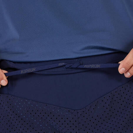 Celana Pendek Lari Wanita 2-IN-1 Kiprun Dengan Legging Dalam - Biru/Abu-abu