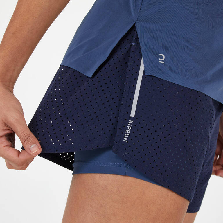2-IN-1 WOMEN'S RUNNING SHORTS WITH BUILT-IN TIGHT SHORTS - BLUE/GREY