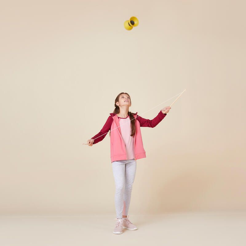 Diabolo voor jongleren 100 geel met houten stokjes