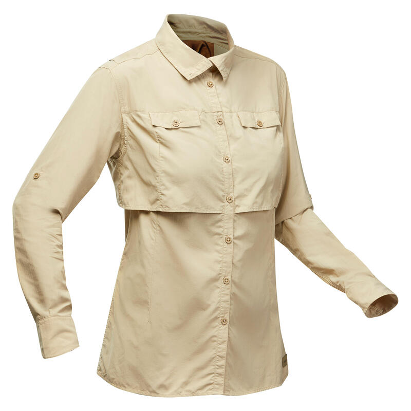 Women's Anti-UV Long-sleeved Desert Trekking Shirt DESERT 900 - Beige