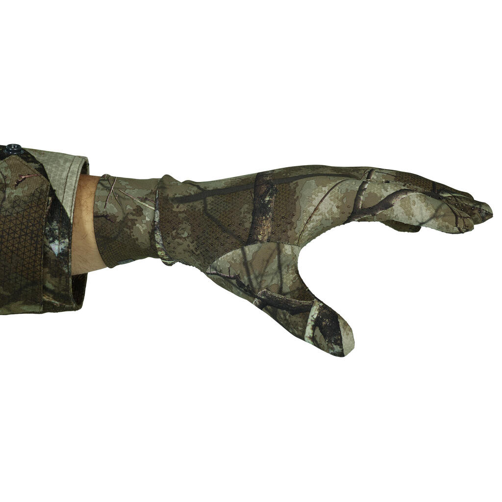 Poľovnícke tenké rukavice 100 strečové maskovanie Treemetic
