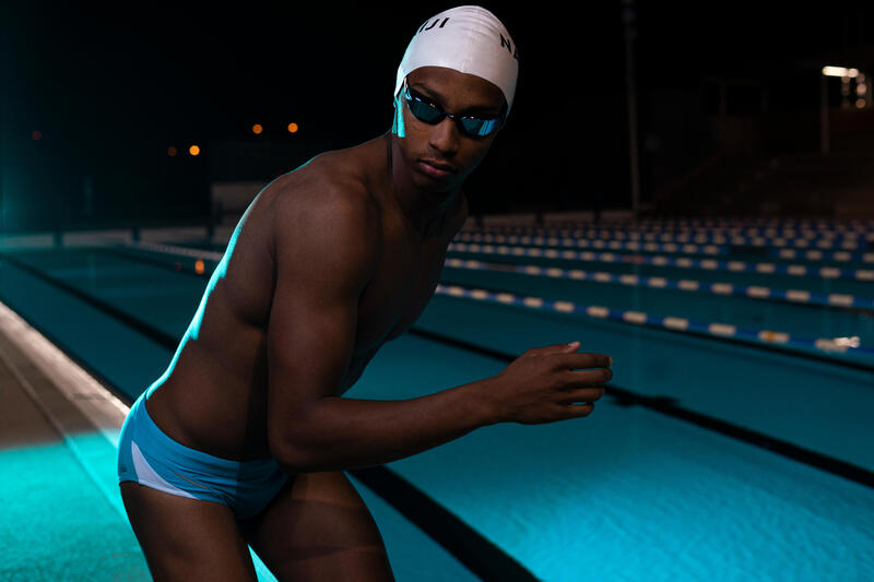 MAILLOT DE BAIN NATATION HOMME SLIP 900 YOKE BLEU BLANC