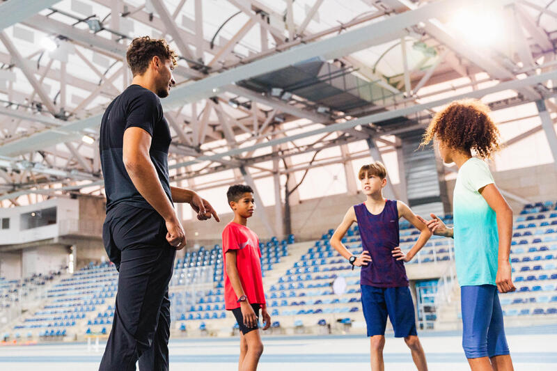 Pantaloncini atletica bambino AT 500 azzurro-rosso