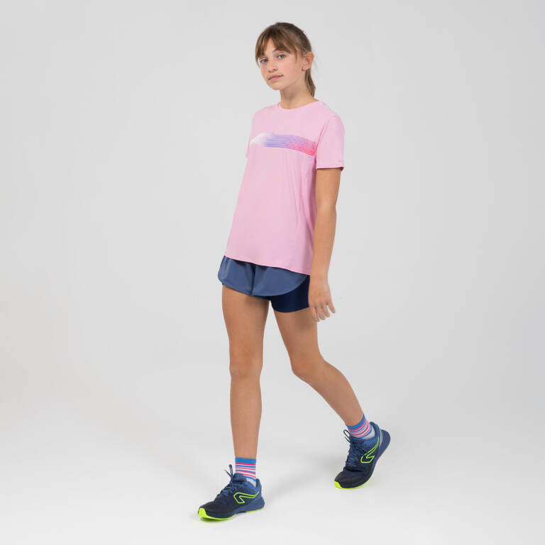 Celana Pendek Lari dan Olahraga Anak Perempuan 2-in-1 AT 500 Navy Denim