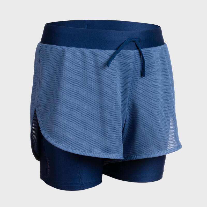 女童 2 合 1 跑步和田徑短褲 AT 500 - 丹寧藍／藍色