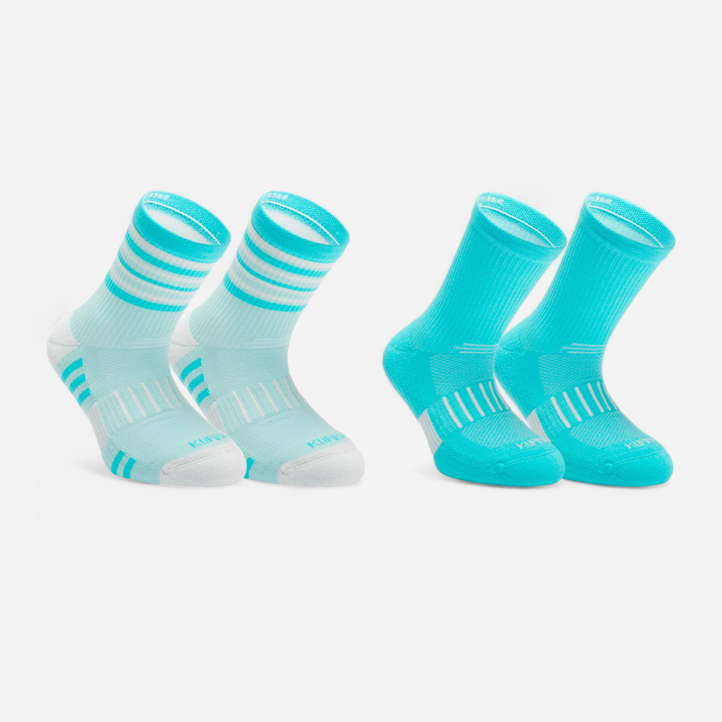 Kiprun Sportsocken AT 500 Mid 2 Paar Kinder türkis und türkis/grau gestreift | 03608429666073 Kiprun Sportsocken AT 500 Mid 2 Paar Kinder türkis und türkis/grau gestreift | 03608429666073