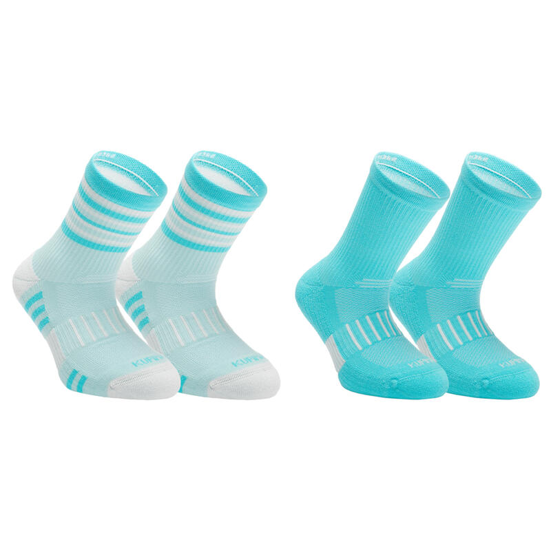 Kids' Socks AT 500 Mid 2-Pack - Turquoise and Turquoise Grey stripes