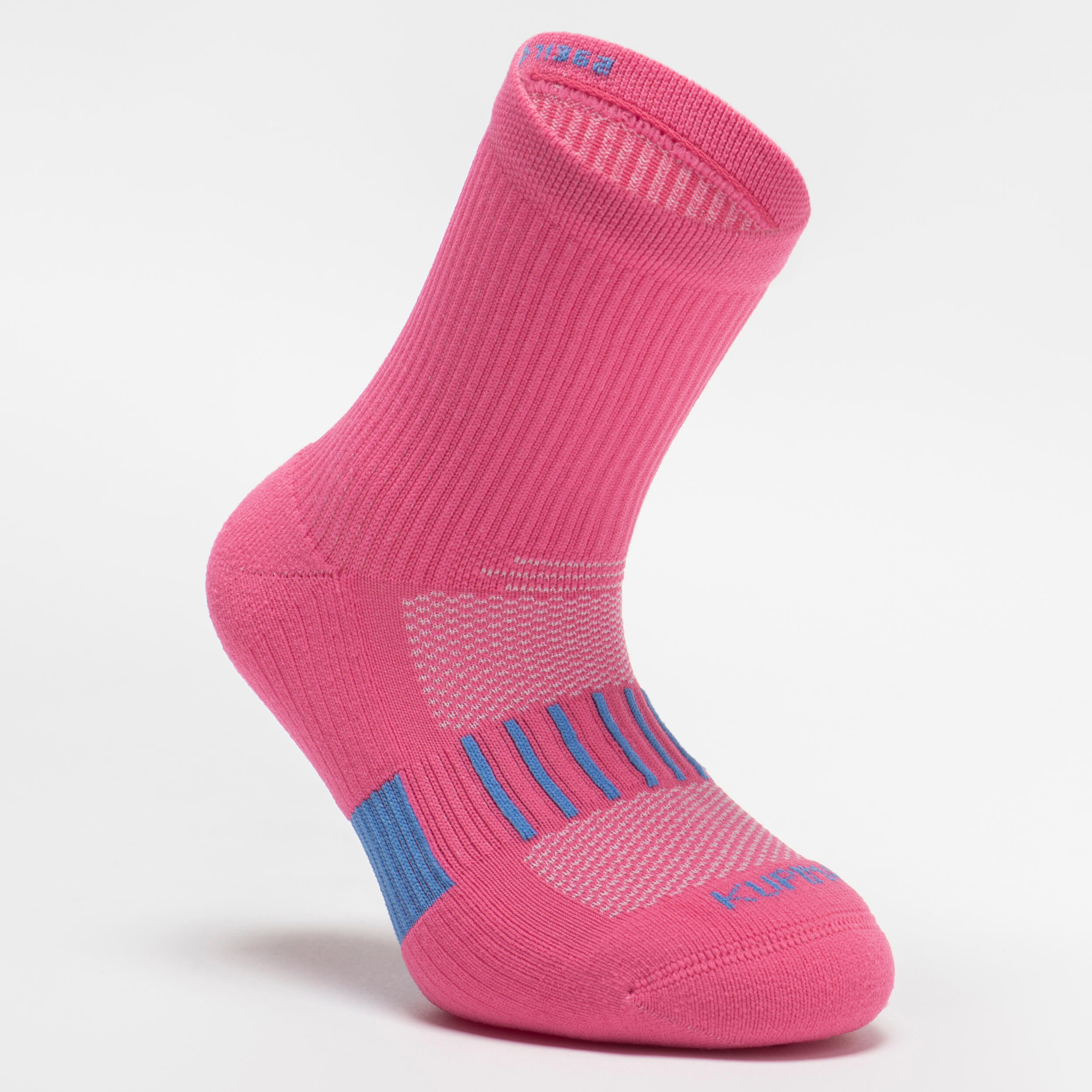 Kids' Socks AT 500 Mid 2-Pack - Plain Pink and White Pink Blue Stripes 9/17