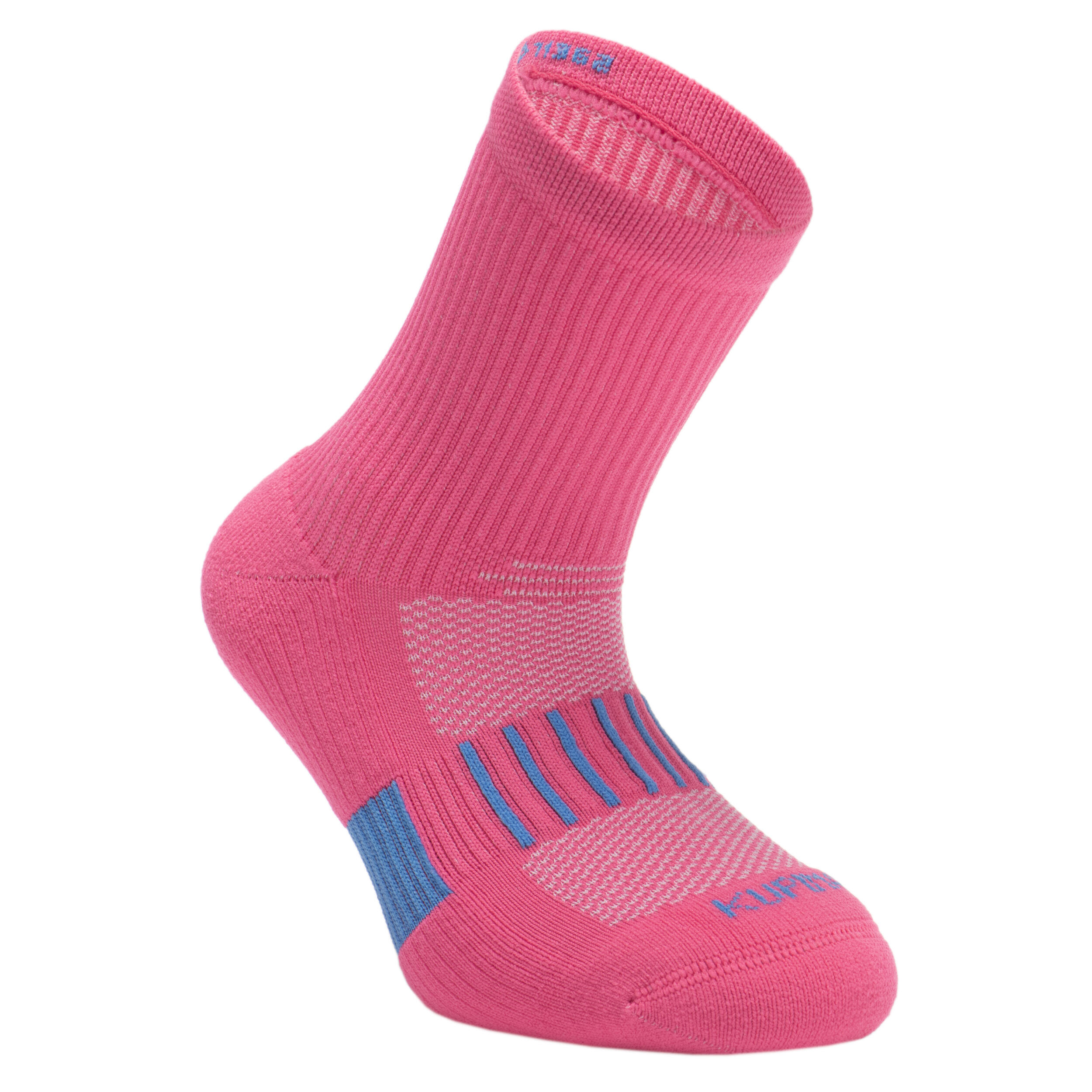 Kids' Socks AT 500 Mid 2-Pack - Plain Pink and White Pink Blue Stripes 8/13