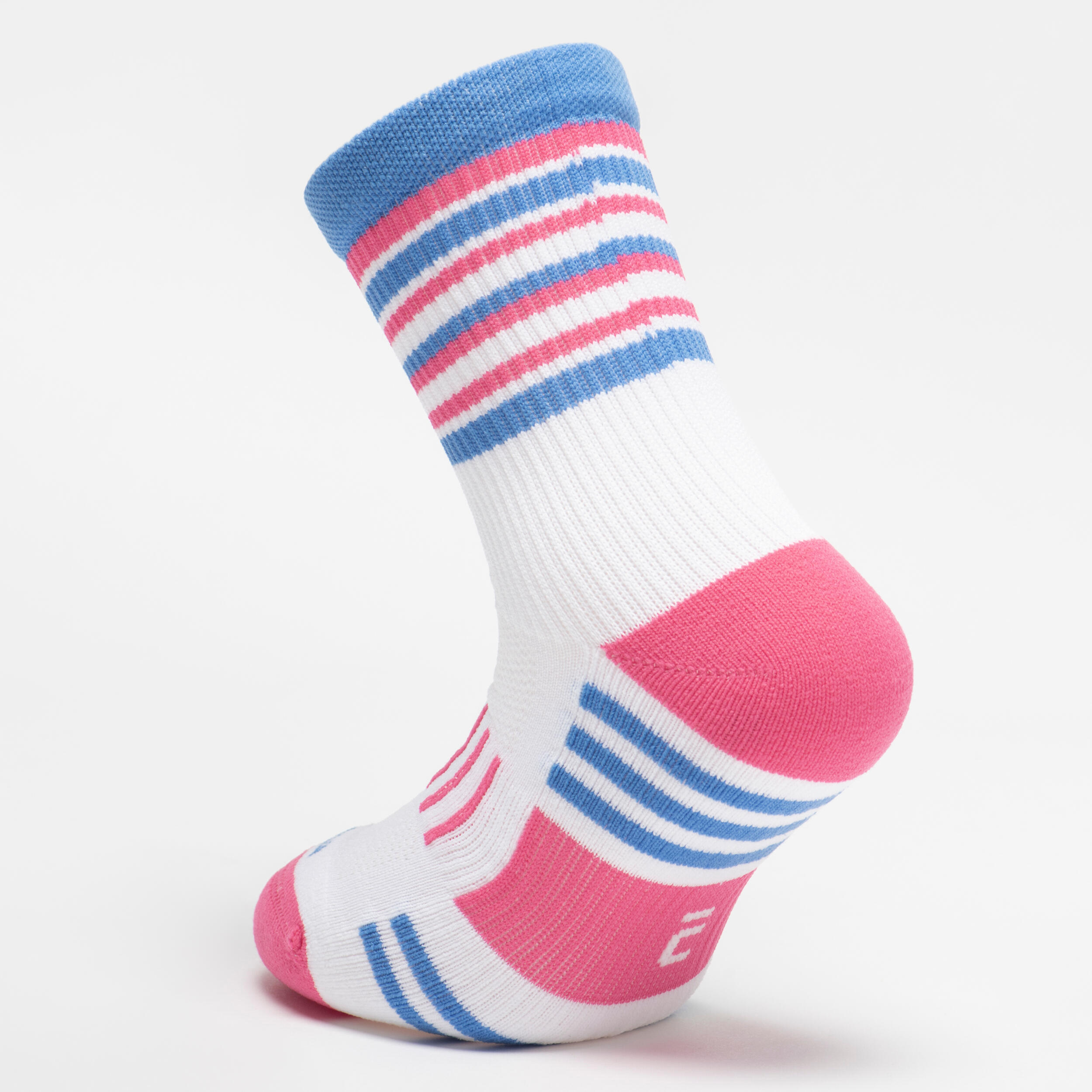 Kids' Socks AT 500 Mid 2-Pack - Plain Pink and White Pink Blue Stripes 4/17